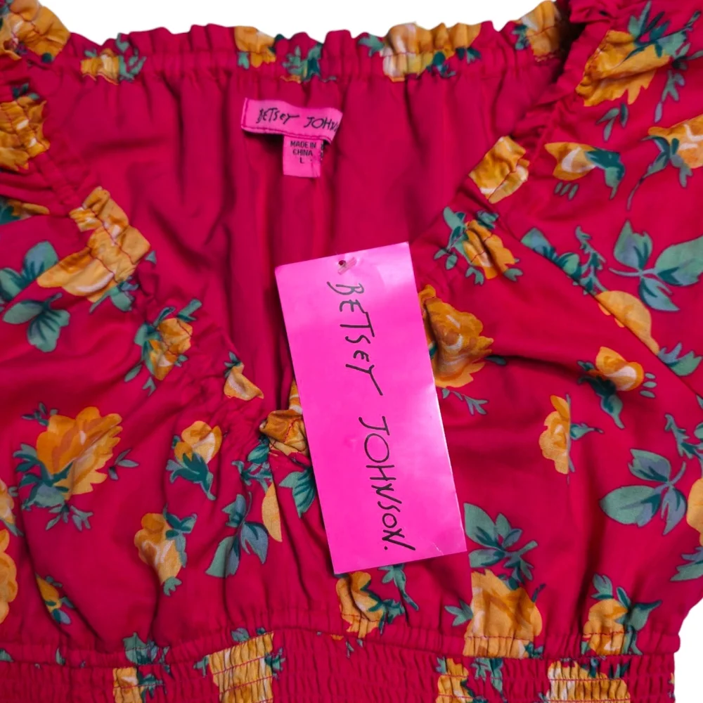 NEW Betsey Johnson Reddish Pink Color with Yellow Rose Print Maxi Dress size L - Picture 9 of 14